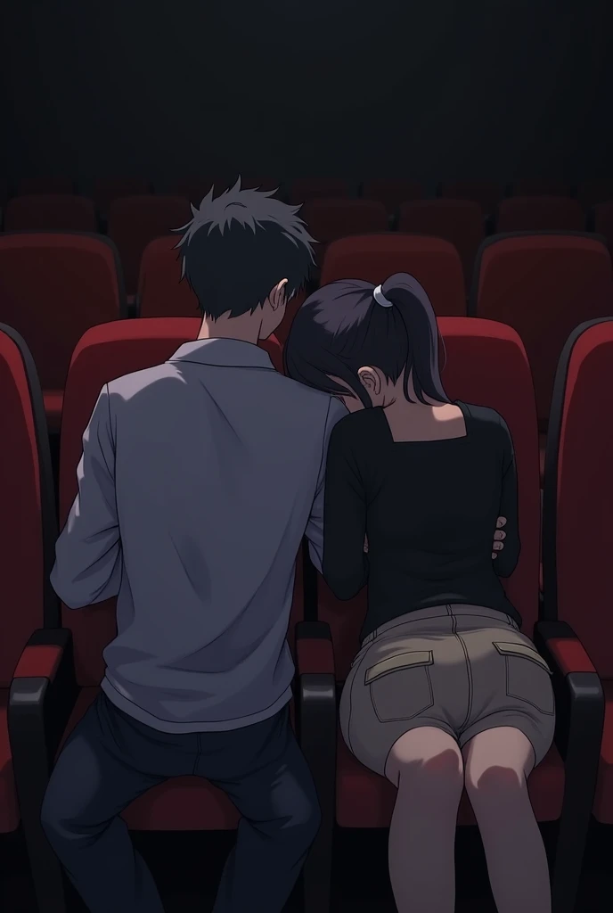 An anime-style back view of couple  couple sitting in a theater with red seats. The  boy is wearing a  white shirt and navy blue jacket , while the chubby girl is wearing a black top square shape neck   and cargo Pant cream colour  They are sitting close t...