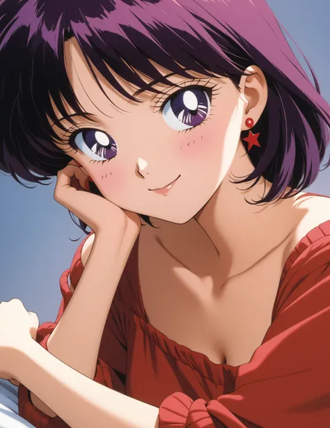 aamars, short hair, magenta hair, parted bangs, purple eyes, 1990s (style), 1 girl, solo, Best quality, masterpiece, High Definition, Red Shirt, Smiling, 