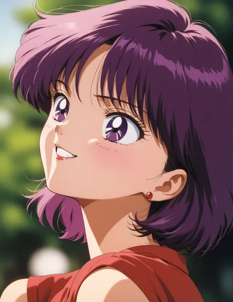 aamars, short hair, magenta hair, parted bangs, purple eyes, 1990s (style), 1 girl, solo, Best quality, masterpiece, High Definition, Red Shirt, Smiling, 