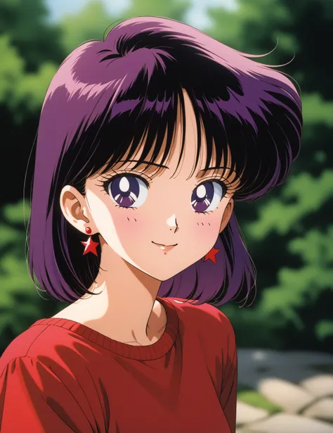 aamars, short hair, magenta hair, parted bangs, purple eyes, 1990s (style), 1 girl, solo, Best quality, masterpiece, High Definition, Red Shirt, Smiling, 