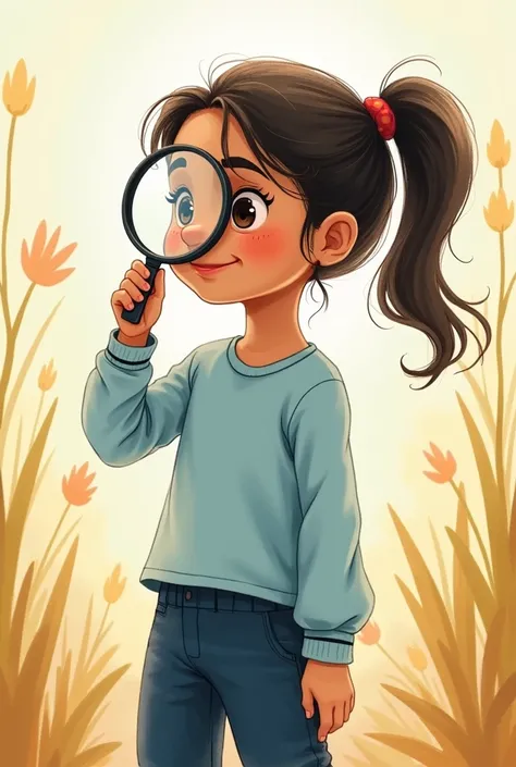 Create a  Indian small  happy with a magnifying glass in a hand in a watercolor cute illustrated affect with a ponytail in light blue full sleeves shirt tucked inside her dark navy blue pants. Close up side angle 