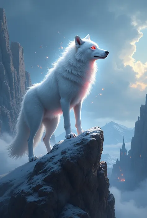 a wolf,White,red eyes,spiritual form,on top of a mountain,medieval anime style.