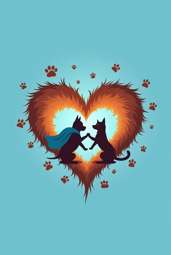 create a logo for my animal foundation called furry hearts, I would like it to have a brown furry heart and inside there would be the silhouette of a dog and a cat with a cape, the cape would be blue, giving each other a paw, and outside the heart there wo...