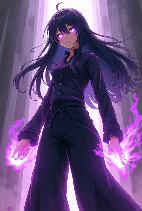 anime, black hair, Black wide leg pants, and long sleeve shirt, purple aura, detailed, Jujutsu Kaisen