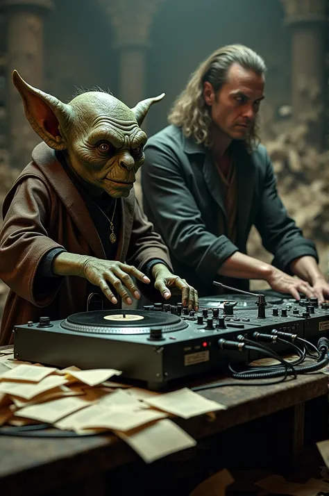 Harry Potter&#39;s Chief Goblin and Steven Seagal behind a DJ table,DJing records and with piles of sheets of paper on the mixing table