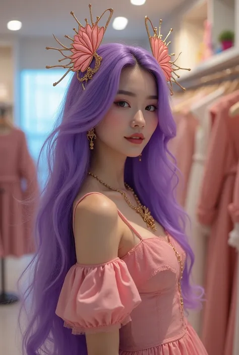 Mulher coreana de cabelo roxo longo e rosto perfeito em loja fazendo compras seu look e babadeira com  vestido 👗 fofo rosa com amuleto de borboleta e tiara de sol