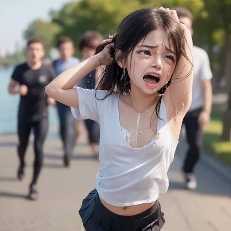 1 realistic young japanese cute girl,3boys,(((a very cute japanese anorexic woman is running away from men:1.5))),(((girl is stu...