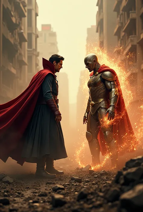 doctor strange fighting with doctor doom in a post apocalyptic war scenario