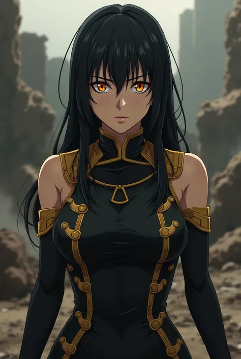 ga kill!), woman anime like akame, lean body… orange eyes, black hair long with bangs, and black and yellow dress !, aKane ga kill . Orange eyes, black and yellow dresss army military , mature womanbut serious face young medium high size, no expression ,ak...