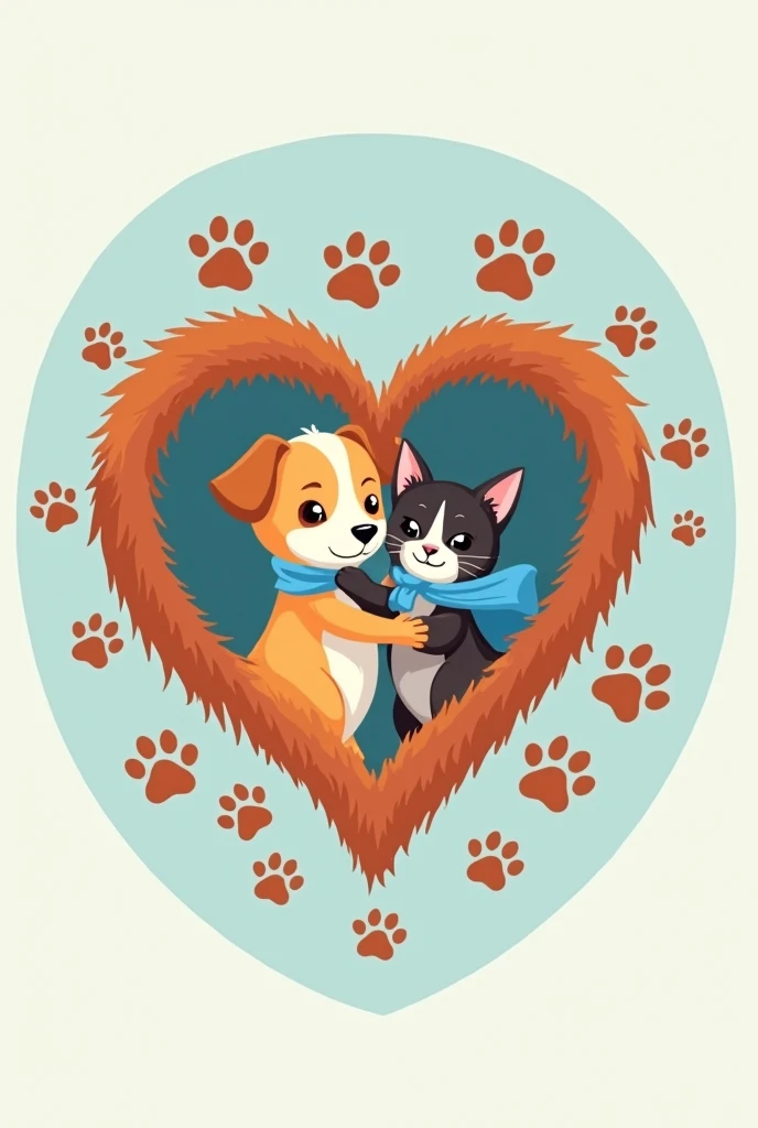 create a logo for my animal foundation called furry hearts, I would like it to have a brown furry heart and inside there would be a dog and a small cat with a cape, the cape being blue, giving each other a paw, and outside the heart there would be animal f...