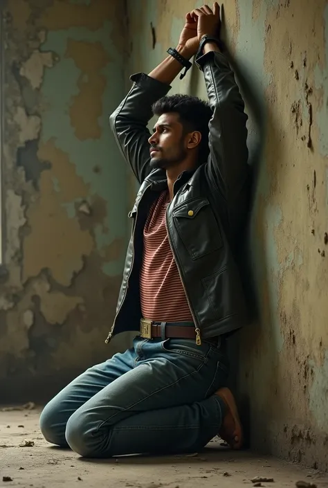 Side view of one  1 handsome indian males wearing long sleeve stripe shirt denim trousers and large square buckle belt and leather jacket kneeling inside the abandoned house and against the wall in a corner with their hands stretched straight high up and t...