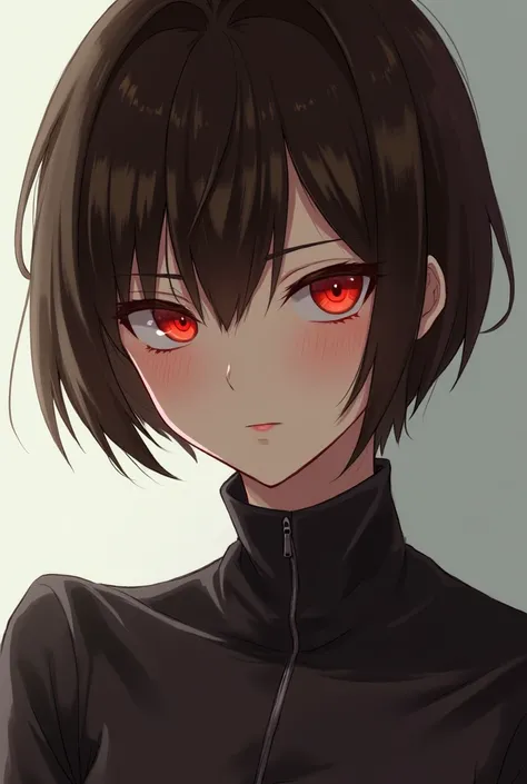 Solo, High Resolution,Short Hair, Brown Hair, Red Eyes, High Resolution, Blush, 