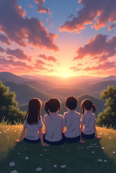 Hyouka main characters sitting in the sunset together 