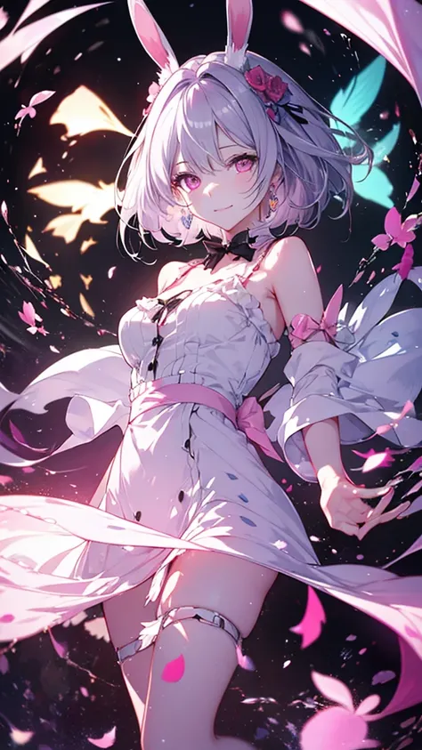 （Highest quality、High resolution、8k、mysterious、masterpiece：1.2）。Gatekeeper of Hell。In front of a gate that emits an evil aura, Anime she have a short silver hair, Pink long dress, Light Smile,Pink eyes,pink Bunny ears , beautiful face,,{{full body}}, rando...