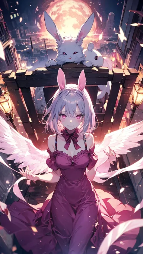 （Highest quality、High resolution、8k、mysterious、masterpiece：1.2）。Gatekeeper of Hell。In front of a gate that emits an evil aura, Anime she have a short silver hair, Pink long dress, Light Smile,Pink eyes,pink Bunny ears , beautiful face,,{{full body}}, rando...