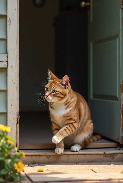 Cat marking its territory at the front door of the house. He is peeing with his hind leg up..