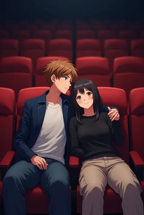 Anime couple  couple sitting in a theater with red seats. The  brown boy is wearing a  white shirt and navy blue jacket , while the chubby girl is wearing a black top square shape neck   and cargo Pant cream colour  