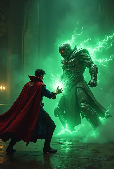 doctor strange fighting with robert dawney jr as doctor doom in a dark room whith green lights