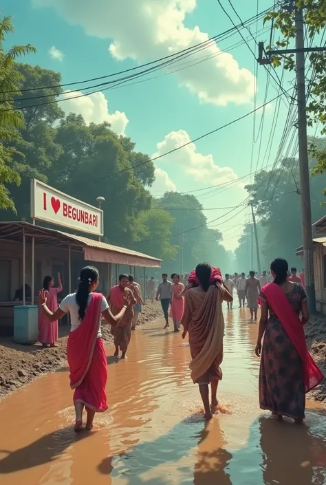 A village road is flooded . Mud accumulates on the side of the road. There is a bus stand next to it with a sign on it as "I❤️BEGUNBARI". Seeing that, the educated people are dancing very happily. But some people are carrying the body across the muddy wate...