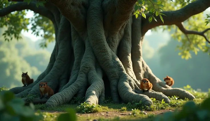 A close-up of the grand banyan tree with its wide trunk and sprawling roots. Small animals, like squirrels and birds, are perched on its branches, giving a lively feeling to the scene.in cinematic 3D style image 
