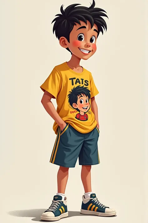 A  boy with a shirt with the image of Tais wearing shorts and adidas shoes