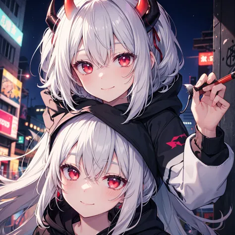 Detailed Background, masterpiece, Best Quality, smile, Nakiri Ayame, Striped Hair, Demon Horns, Gray Hair, Twin Pan, Red eyes, smile, hoodie, Portrait Neon, graffiti, dark, night, Glowing Eyes, Black light girl trembling with sexual climax