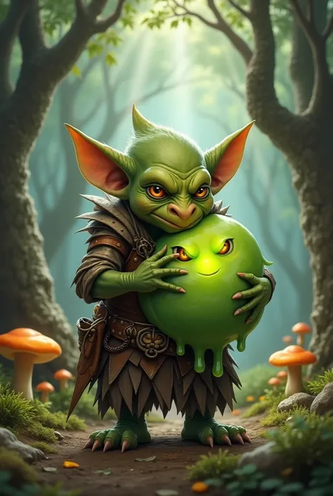 A small, mischievous ugly goblin with green skin and pointy ears, which the left one is bit, is gently cradling a semi-transparent, gelatinous green slime in its arms, as if its holding a baby. The slime has round eyes and a soft, glowing core. The goblin,...