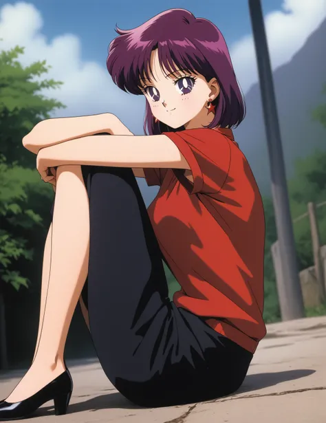 aamars, full body, short hair, magenta hair, parted bangs, purple eyes, 1990s (style), 1 girl, solo, Best quality, masterpiece, High Definition, Red Shirt, Smiling, Black Skirt