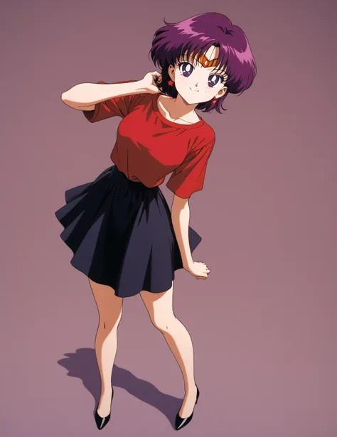 aamars, full body, short hair, magenta hair, parted bangs, purple eyes, 1990s (style), 1 girl, solo, Best quality, masterpiece, High Definition, Red Shirt, Smiling, Black Skirt