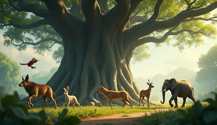 The animals approaching the banyan tree from different directions. The rabbit hops excitedly, the parrot flutters nearby, the elephant walks with grace, and the deer bounds lightly, all converging under the tree.in cinematic 3D style image 