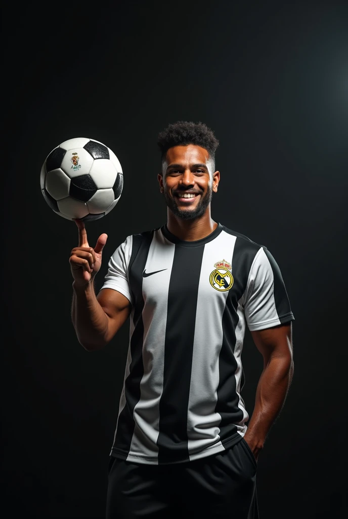 Smiling dark-skinned Brazilian soccer player wearing a white shirt with black stripes, holding a ball on his finger and facing the camera in thick shadow.