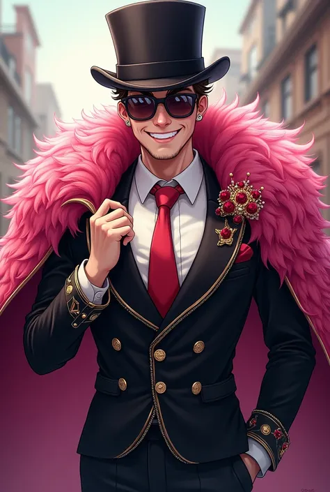 A smiling man, wearing a black suit, red tie, pink feathered cape, top hat, sunglasses, anime style 