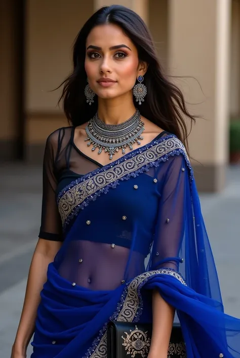 Indian real women wear
Saree: Sapphire Blue

A sapphire blue saree with intricate embroidery.


Blouse: Black Mesh and Embroidery Blouse

A fitted black blouse with mesh panels and embroidered details.


Accessories:

Earrings: Sapphire blue studs.

Neckla...