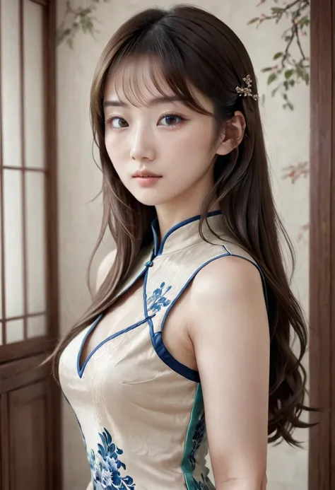 DEPTH OF FIELD, BEAUTIFUL PERFECT BODY, BEAUTIFUL FINE FACE, SMALL CHEST, REALISTIC TEXTURE, CHINESE GIRL, PERFECT HAND, LIGHT BROWN LONG WAVY HAIR, BLACK EYES, WEARING A CHEONGSAM, STANDING FAR FROM VIEWER IN A ROOM DECORATED IN AN ANCIENT CHINESE STYLE. ...