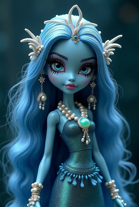 Create a female character for me, in the style of Monster High dolls.

Style: Doll Species: Daughter of the Greek Goddess Thetis (Goddess of the seas)

Appearance:
Thalassa has iridescent navy blue skin that shimmers subtly as if reflecting the light of th...