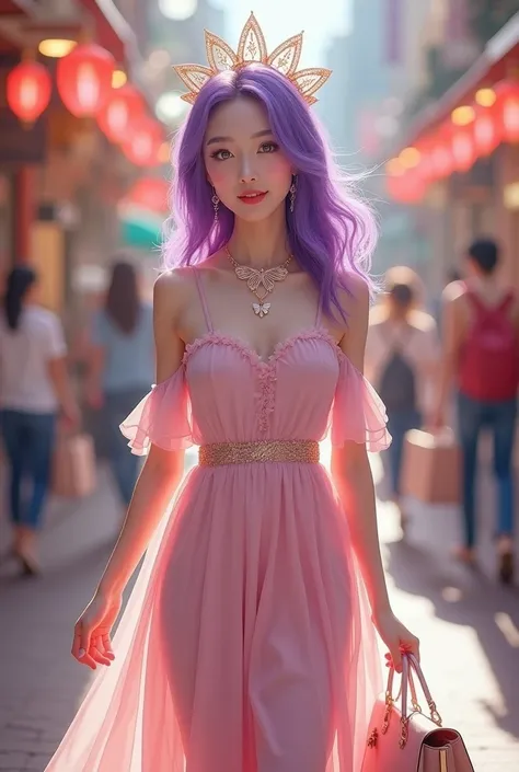 Mulher coreana de cabelo roxo e rosto perfeito saindo de lojas com vestido rosa e colar de borboleta 🦋 e tiara de sol ☀️ com sacolas 🛍️ na mão  tiara fofa