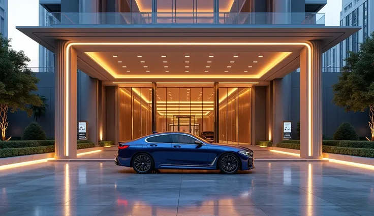 Prompt:**"Design an ultra-luxurious scene featuring a state-of-the-art, world-class hotel and a stunning BMW Black car parked in front. The hotel should be an architectural masterpiece, blending modern design with elegant, timeless elements. The structure ...