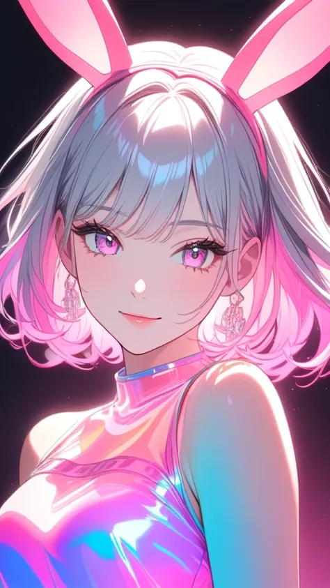 One girl,Character portrait, Illustration effect for posters and magazines, whole body,Movement illustration,Medium Hair,  silver hair, pink Bunny ears , She has large expressive pink eyes,Backlight, Black Light, Beautiful fine details, Beautiful lip detai...