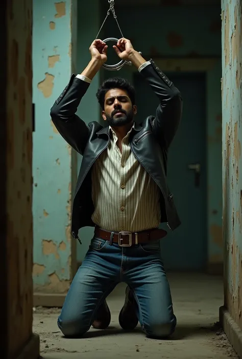 Side view of one  1 handsome indian males wearing light color long sleeve stripe shirt denim trousers and large square buckle belt and leather jacket kneeling inside the abandoned house and against the wall in a corner with their hands stretched straight h...