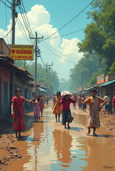 A village road is flooded . Mud accumulates on the side of the road. There is a bus stand next to it with a sign on it as "I❤️BEGUNBARI". Seeing that, the educated people are dancing very happily. But some people are carrying the body across the muddy wate...