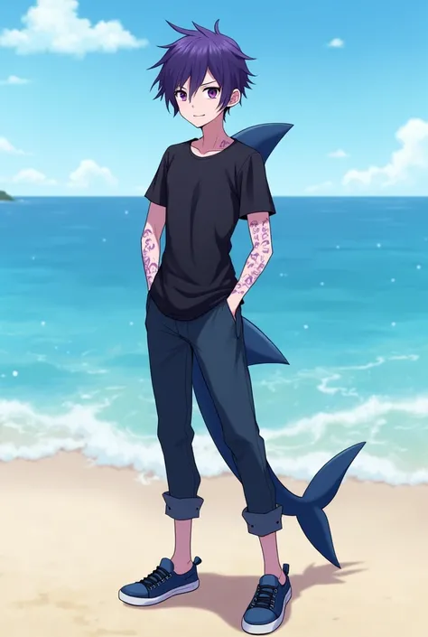 I am a very tall, thin but fit build, with beautiful short evil purple hair, even more beautiful purple eyes, half-human half-shark but without a shark tail, but with sharp teeth, ribbed ears, gills on my neck, and part of my skin in a purple color, an ani...