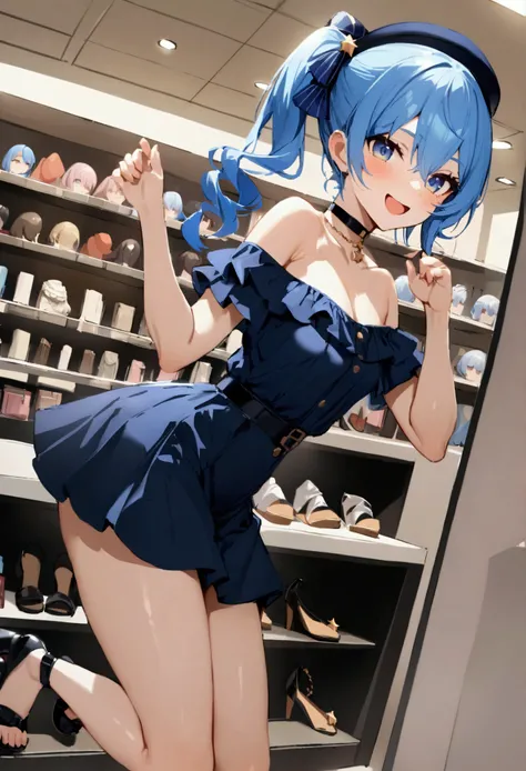 NSFW,masterpiece,Best Quality,High resolution,Very detailed,One girl,Star Town Suisei(Hololive),blue eyes,Blue Hair,Choker,Hair between the eyes,Medium Hair,Side Ponytail,スターChoker,Small breasts,Frilled shirt,Off the shoulder,Flared Skirt,Heeled Sandals,ha...