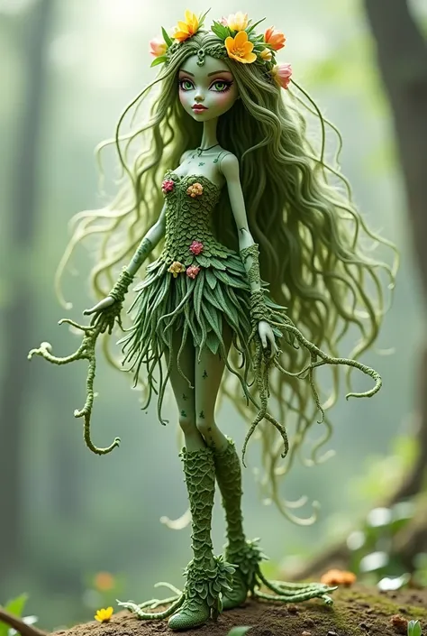 Create a female character for me, in the style of Monster High dolls.

Style: Doll Species: Daughter of the Dryads (tree spirits)

Appearance:

Hair: Her hair is long and made of vines intertwined with flowers that change color according to the seasons.. I...