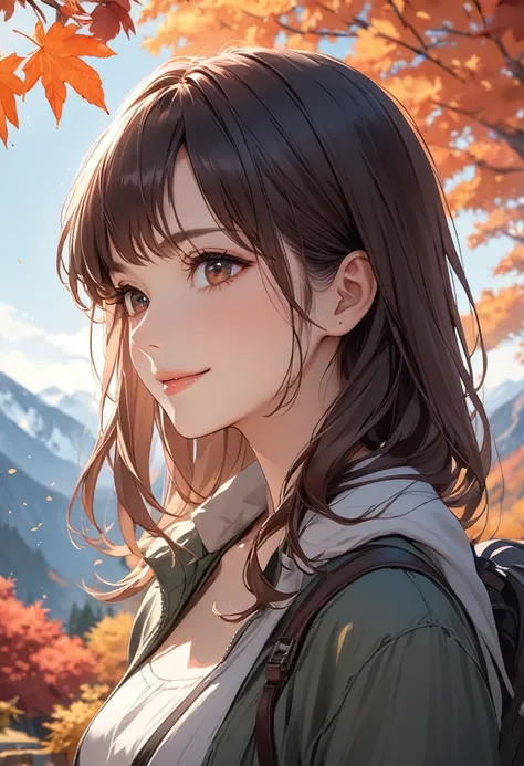 (masterpiece:1.5),(Beat quality),(high res),1girl solo,beautiful face,smile,upper body,woman,Autumn Mountains,autumn leaves