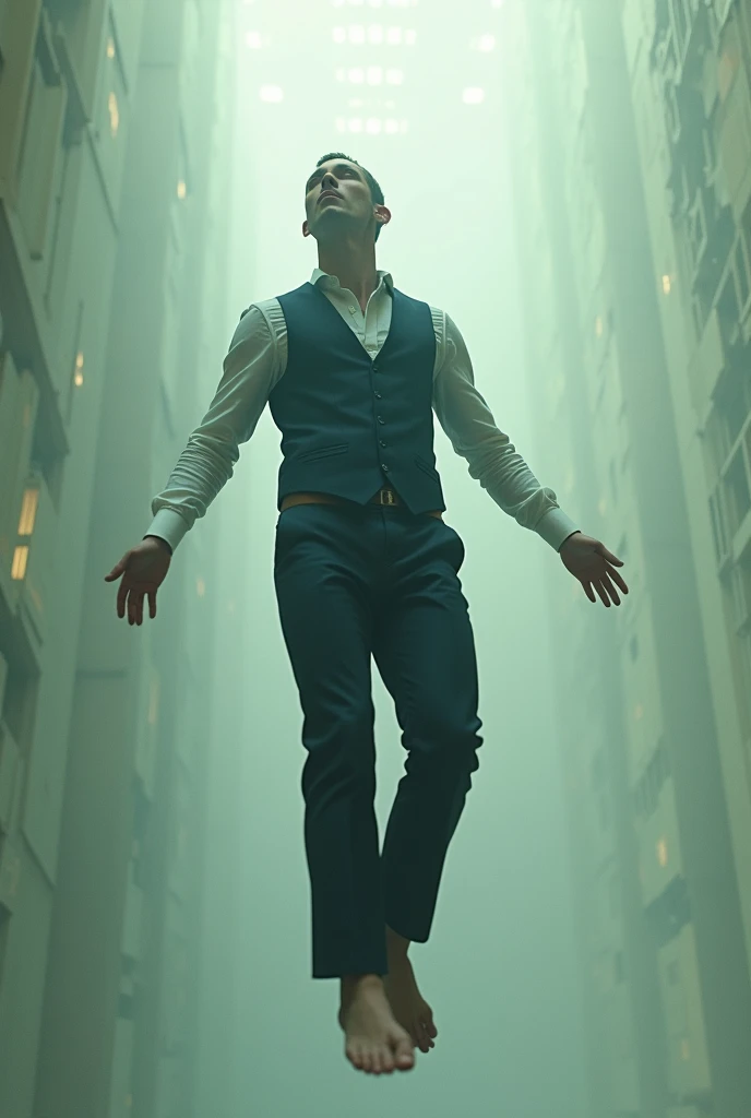 Joseph Gordon Levitt as Arthur floating zero gravity with his waistcoat on showing of his feet from the movie inception