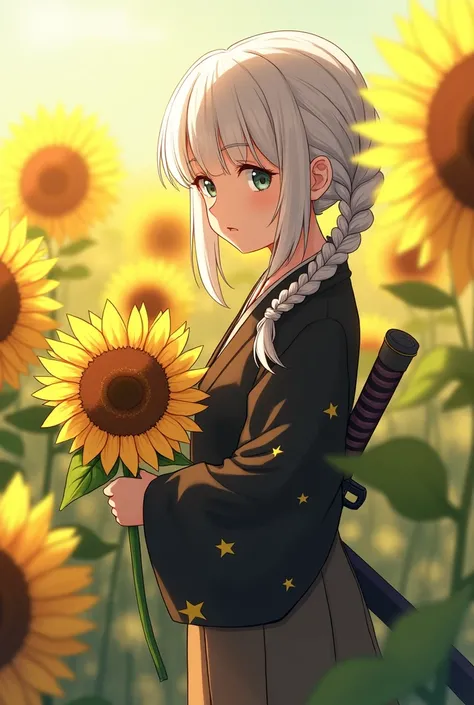 A child about , white hair, braided hair tied in a ponytail, bangs. On her left hip is a sword, left hand holding sunflowers, ash gray eyes. She wears a black haori with star patterns, the haori outside is unbuttoned, brown uniform inside. Behind is a fiel...