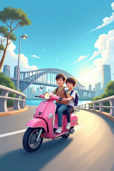 Yanghwa Bridge in Seoul with warm sun and blue sky.
 A baby pink motorcycle with two boys riding on it is running..