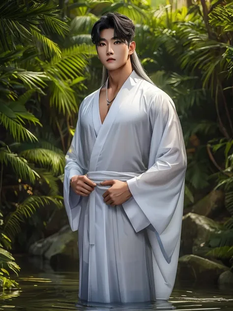 Handsome Korean，tall and strong,ideal athletic male figure, eyes looking into the camera, ((tanned skin)),the forest ，serious expression,Necklace,ray tracing, very long hair, long bangs, White hair, gray hair, straight hair,  wet open kimono transparent , ...