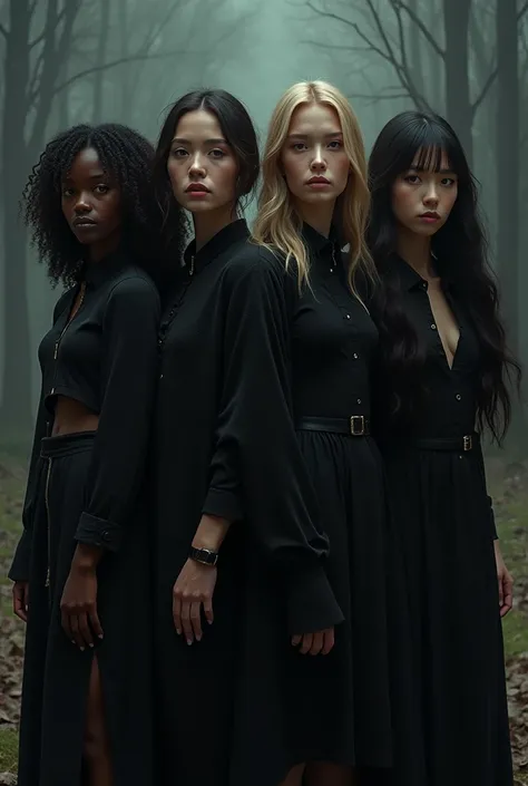 Make four teenage witches dressed in black with modern clothing: a dark-skinned one with African braids, A blonde American woman taller than the others, another Chinese girl with dark hair and light skin, slanted eyes, and a British woman with very light b...