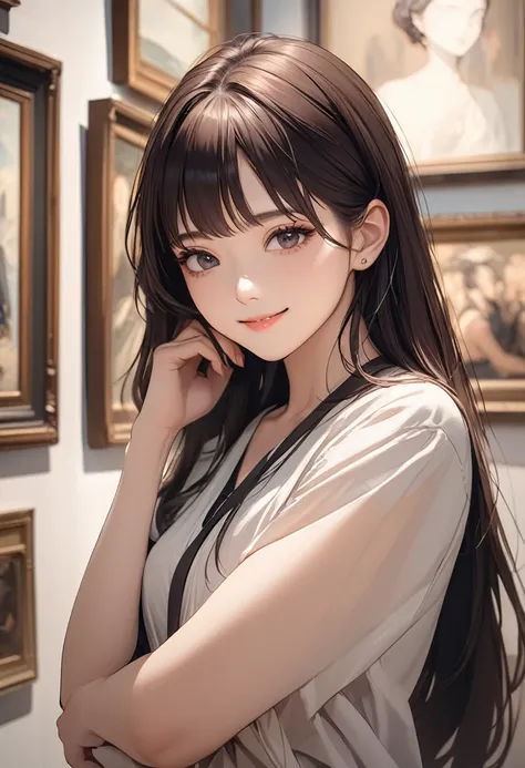 (masterpiece:1.5),(Beat quality),(high res),1girl solo,beautiful face,smile,upper body,woman,Museum